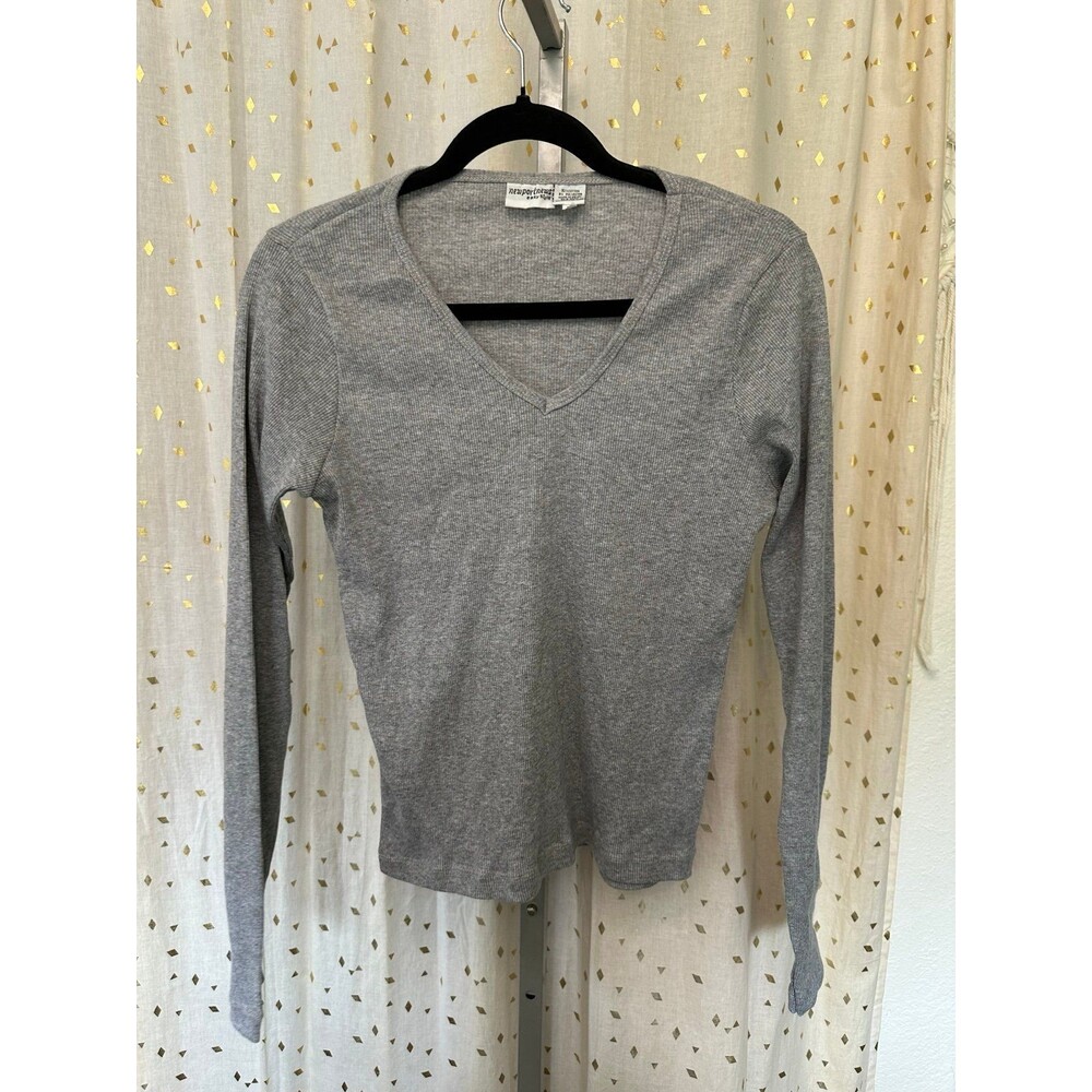 Newport News Easy Style Women's Heather Gray Ribbed V-Neck Knit Top L